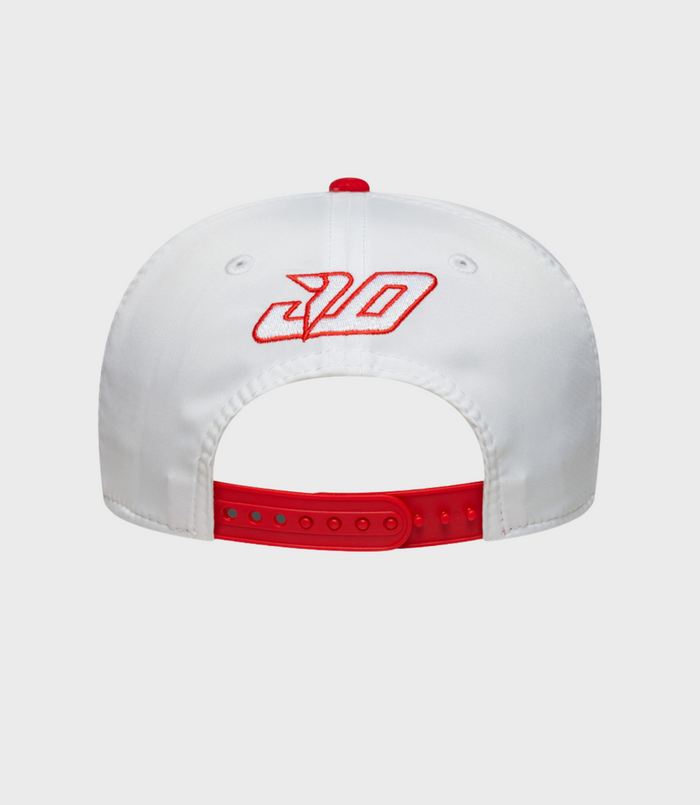 Back view of white Alpine Jack Doohan Japan 9Seventy cap with red snap closure and partial red crown embroidery