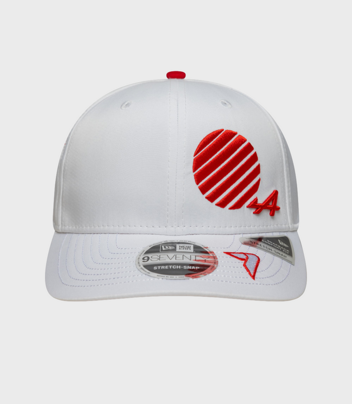White New Era Alpine 9Seventy stretch snap cap with a red embroidered heart graphic on the front