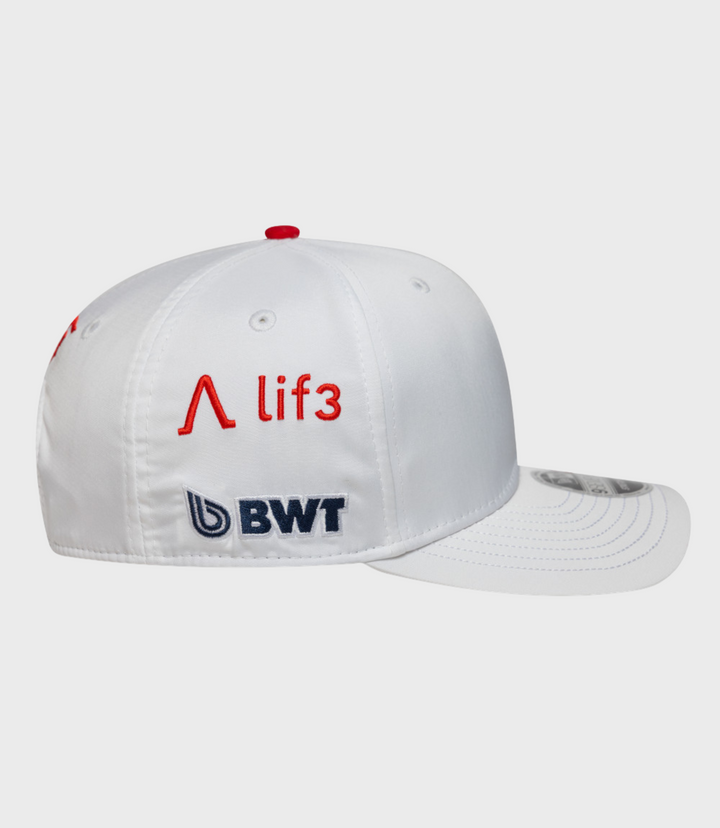 Close up of white cap with red embroidery and prominent BWT Alpine branding