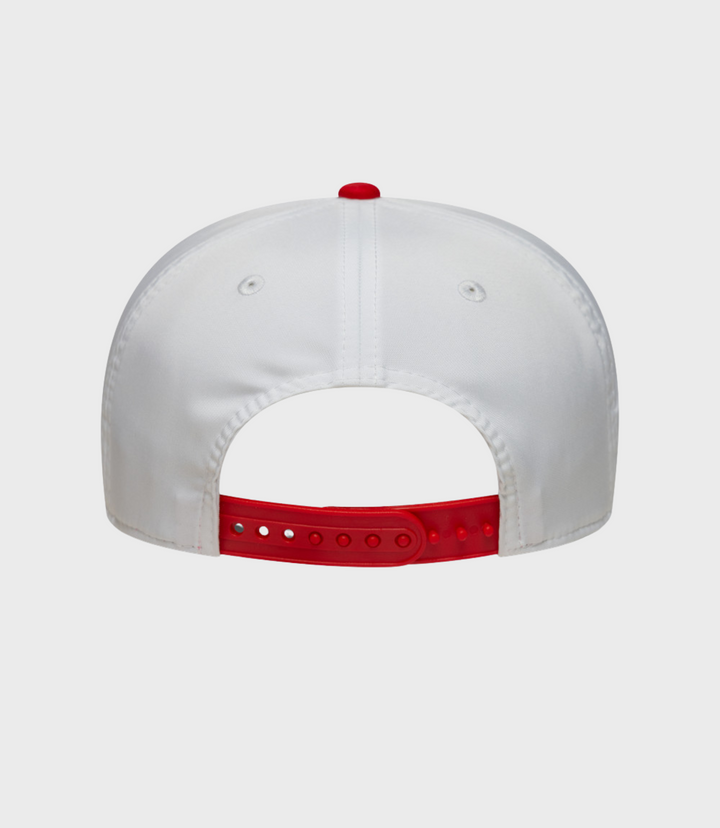 Rear view of white New Era Alpine Japan 9Seventy stretch cap showing a red crown button