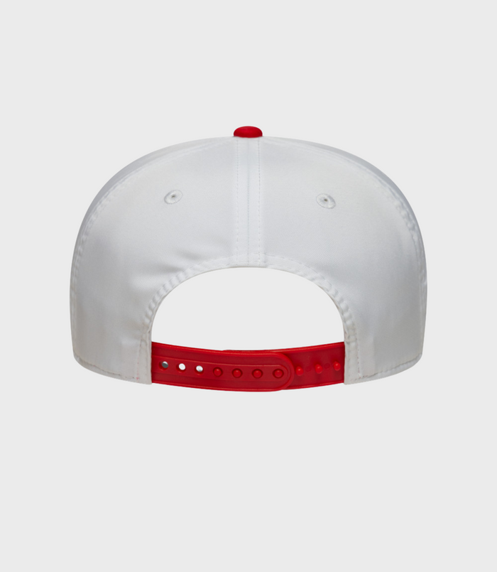 Rear view of white New Era Alpine Japan 9Seventy stretch cap showing a red crown button