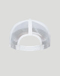 Back view of a white mesh cap showing an adjustable plastic snap closure