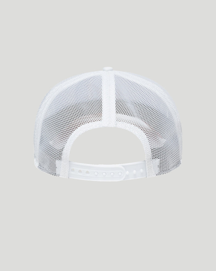 Back view of a white mesh cap showing an adjustable plastic snap closure