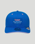 Front view of blue BWT Alpine Formula One Team 9Seventy cap with Alpine patch on crown and pink-edged brim