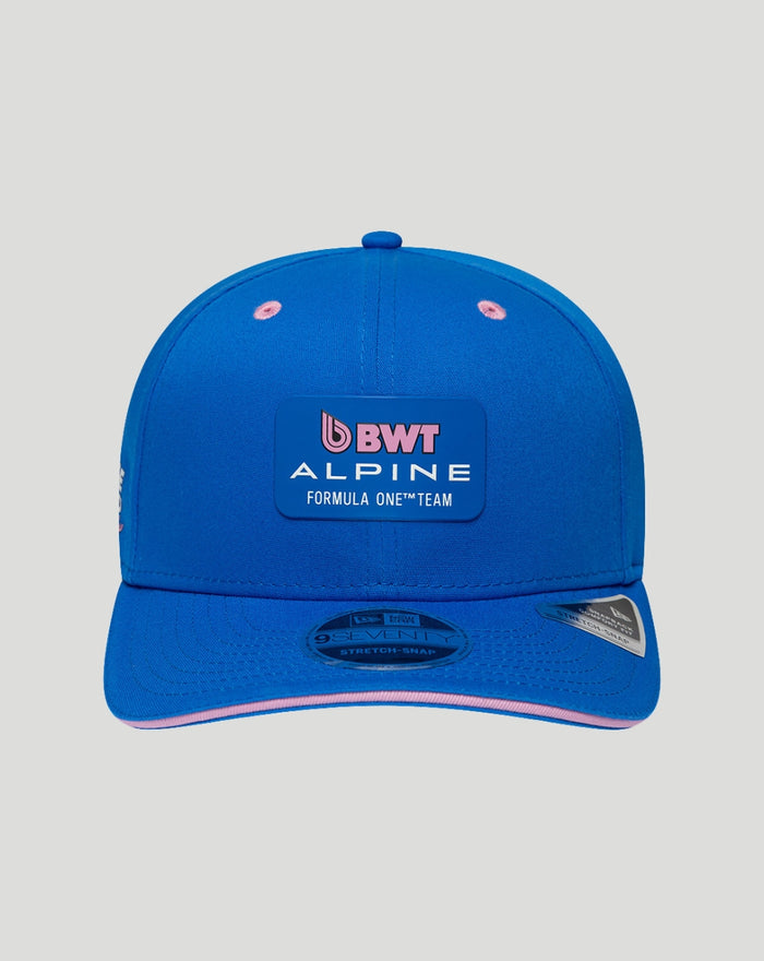 Front view of blue BWT Alpine Formula One Team 9Seventy cap with Alpine patch on crown and pink-edged brim