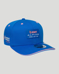 Blue BWT Alpine Formula One cap with front logo patch pink eyelets curved sapphire visor with pink inner lining and stretch-snap back