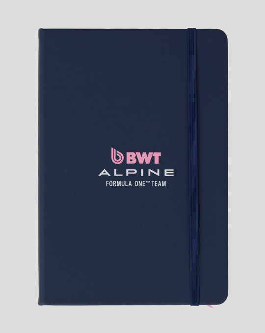 Navy blue BWT Alpine Formula One Team notepad with blue elastic strap