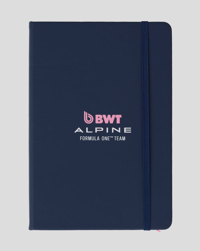 Navy blue BWT Alpine Formula One Team notepad with blue elastic strap