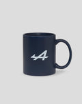 Side view of a navy ceramic mug featuring the Alpine 44 logo in white