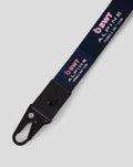 Close up of navy BWT Alpine Formula One Team lanyard showing branding and the metal clip
