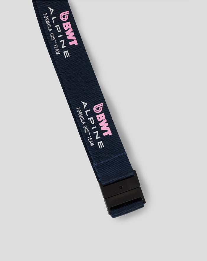 Navy BWT Alpine Formula One Team lanyard with pink branding and a black buckle