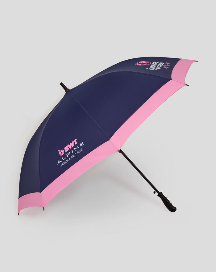 Navy blue and pink BWT Alpine Formula One Team umbrella with logo on canopy
