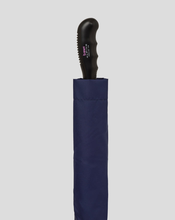 Close up of navy and pink BWT Alpine umbrella with curved black handle