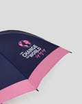 Close up of a navy blue and pink BWT Alpine umbrella with a curved canopy