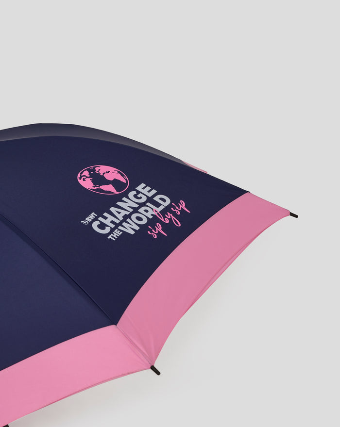 Close up of a navy blue and pink BWT Alpine umbrella with a curved canopy