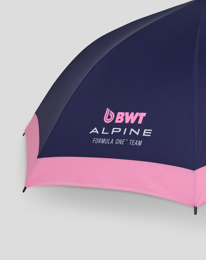 Deep navy umbrella with the pink BWT Alpine logo on the fabric