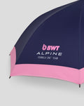 Deep navy umbrella with the pink BWT Alpine logo on the fabric