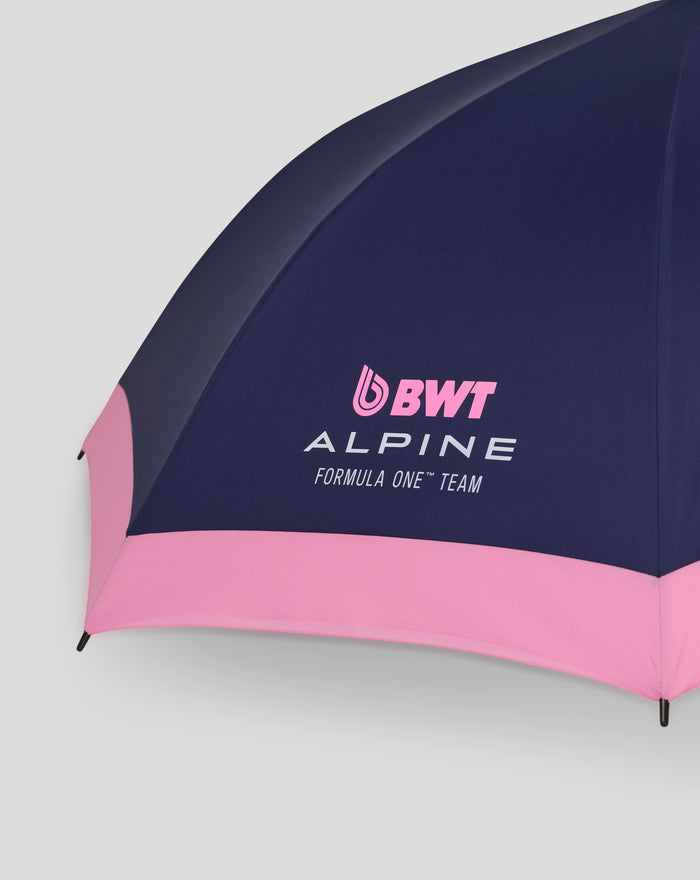 Deep navy umbrella with the pink BWT Alpine logo on the fabric