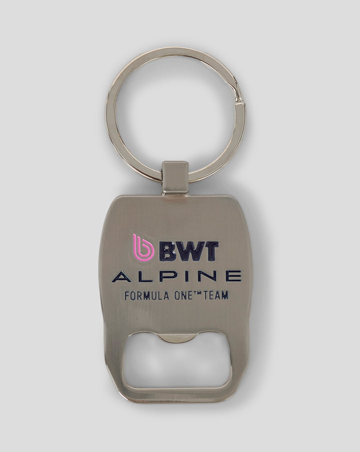 Metal keyring bottle opener with BWT Alpine branding