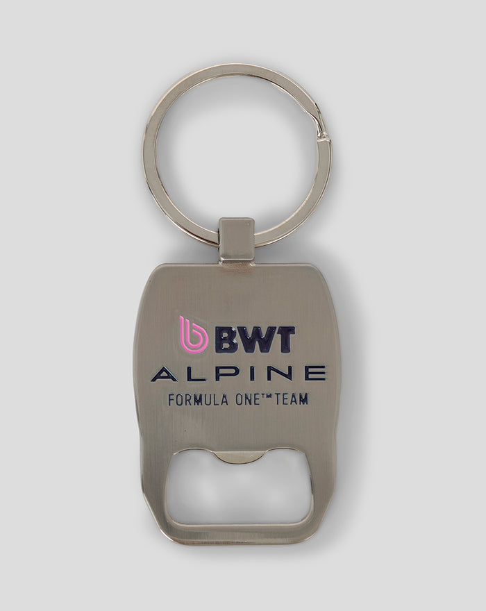 Metal keyring bottle opener with BWT Alpine branding