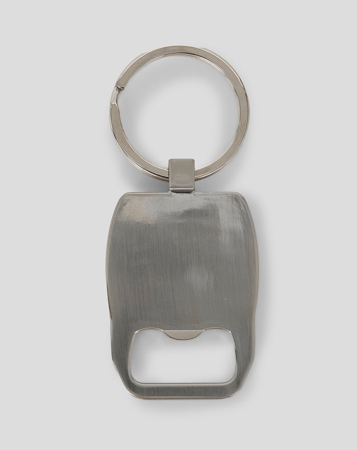 Brushed metal keyring with integrated bottle opener