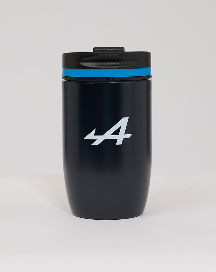 Navy travel mug with black lid and blue ring displaying a large white 44
