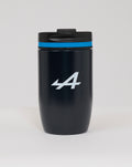 Navy travel mug with black lid and blue ring displaying a large white 44