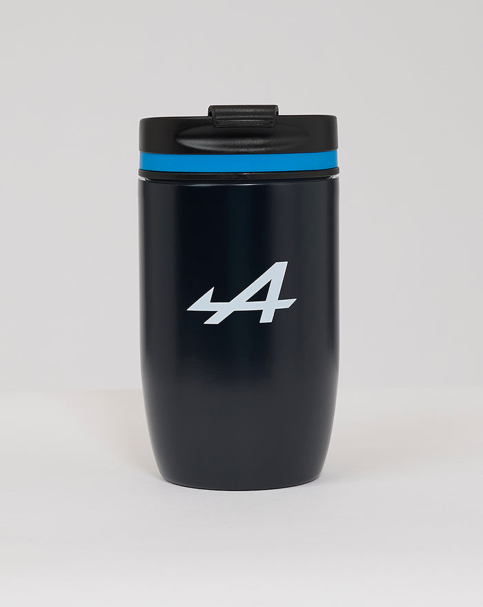 Navy travel mug with black lid and blue ring displaying a large white 44
