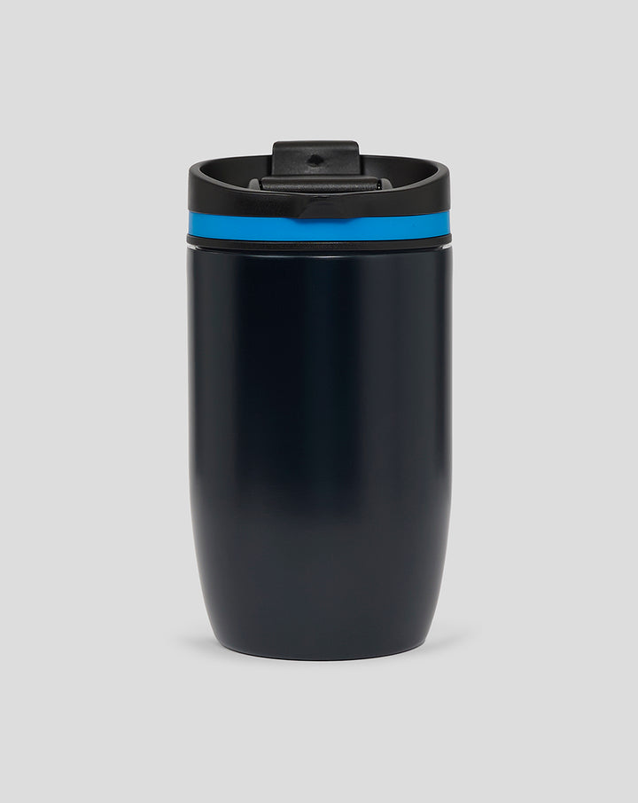 Navy travel mug with black lid and blue ring front view showing a large white 44 logo