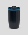 Navy travel mug with black lid and blue ring front view showing a large white 44 logo