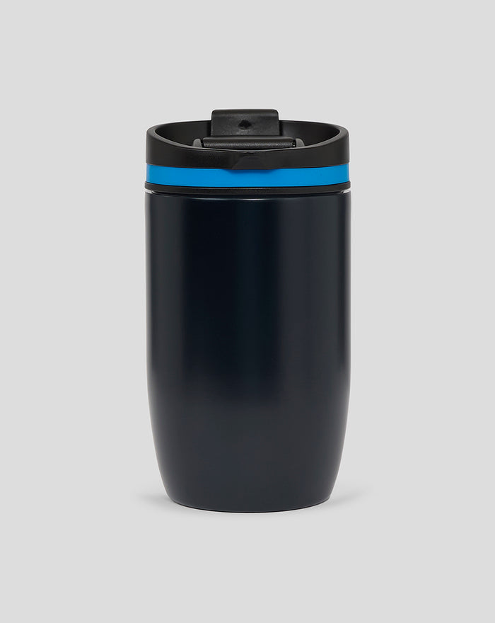 Navy travel mug with black lid and blue ring front view showing a large white 44 logo