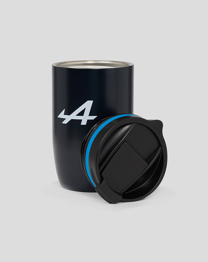 Navy BWT Alpine travel mug in stainless steel with a blue accent ring and detachable lid