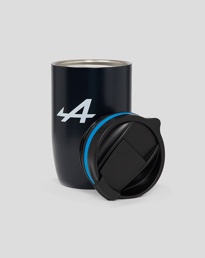 Navy BWT Alpine travel mug in stainless steel with a blue accent ring and detachable lid