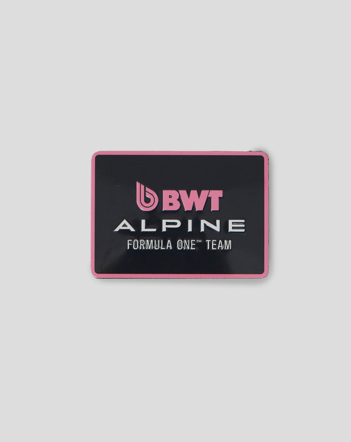 Pink bordered BWT Alpine Formula One Team fridge magnet with logo facing front