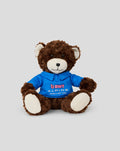 Brown plush bear wearing a blue BWT Alpine hoodie with Formula One Team branding