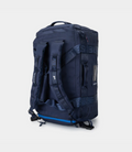 Navy duffel shown with adjustable padded backpack straps and top grab handle