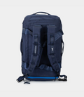Front view of navy 40L Duffel with top handle and visible backpack straps