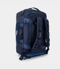 Side view of navy 40L Duffel with padded straps and blue accent zipper