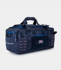 Navy 40L duffel with padded top carry handle and straps partially visible