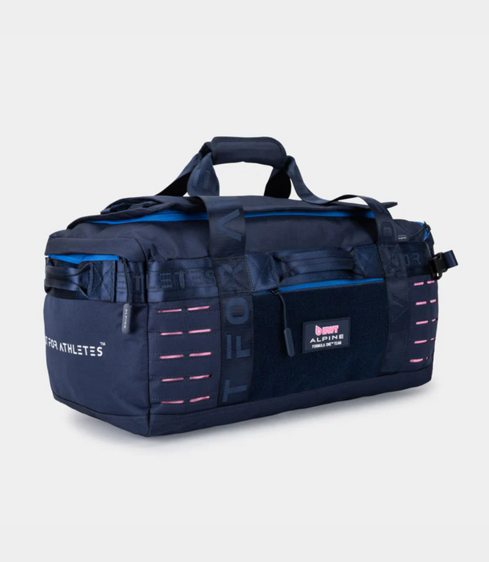 Navy 40L duffel with padded top carry handle and straps partially visible