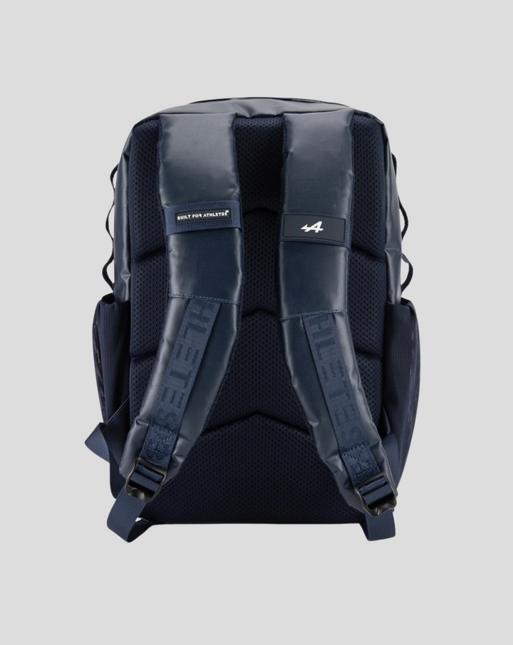 Rear view of navy TYRO 20L backpack with padded shoulder straps and breathable mesh back panel