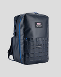 TYRO 20L backpack shown from a side angle with blue zipper and grid panel on the front.