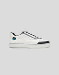 Side profile of a white Alpine Endstate sneaker with a black toe cap and grey midsection