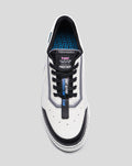 Top-down view of a white BWT Alpine Endstate sneaker with black laces and a blue Alpine Team tongue label.