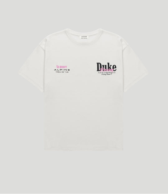 White vintage Duke & Dexter T shirt with BWT Alpine logo on chest
