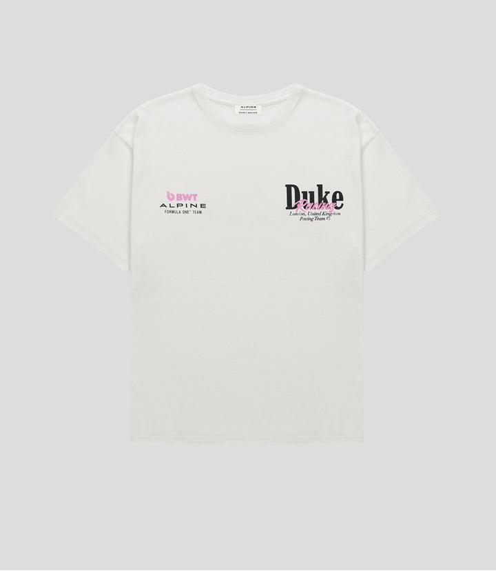 White vintage Duke & Dexter T shirt with BWT Alpine logo on chest