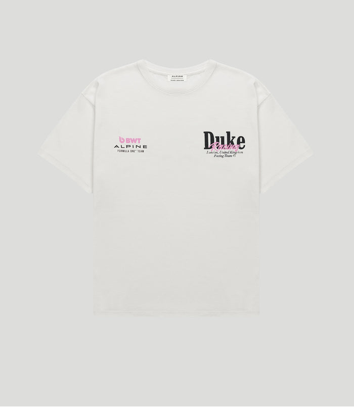 White vintage Duke & Dexter T shirt with BWT Alpine logo on chest
