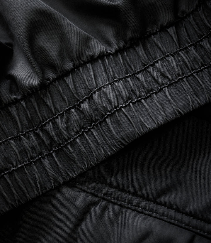 Close up of black fabric showing stitched elastic panel and quilting on the jacket.