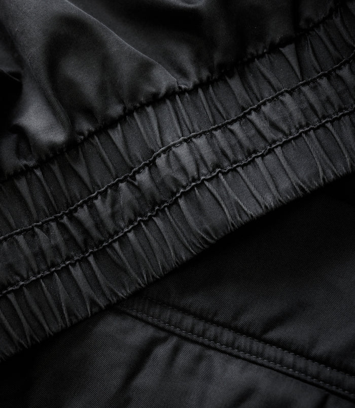 Close up of black fabric showing stitched elastic panel and quilting on the jacket.