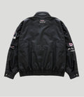 Back view of a black BWT Alpine trackside jacket with pink BWT logo on the upper back.